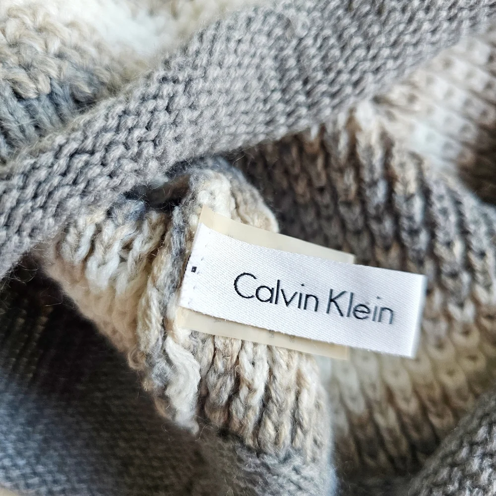 Calvin Klein Infinity Waffle Striped Tan Gray White Loop Winter Knit Scarf